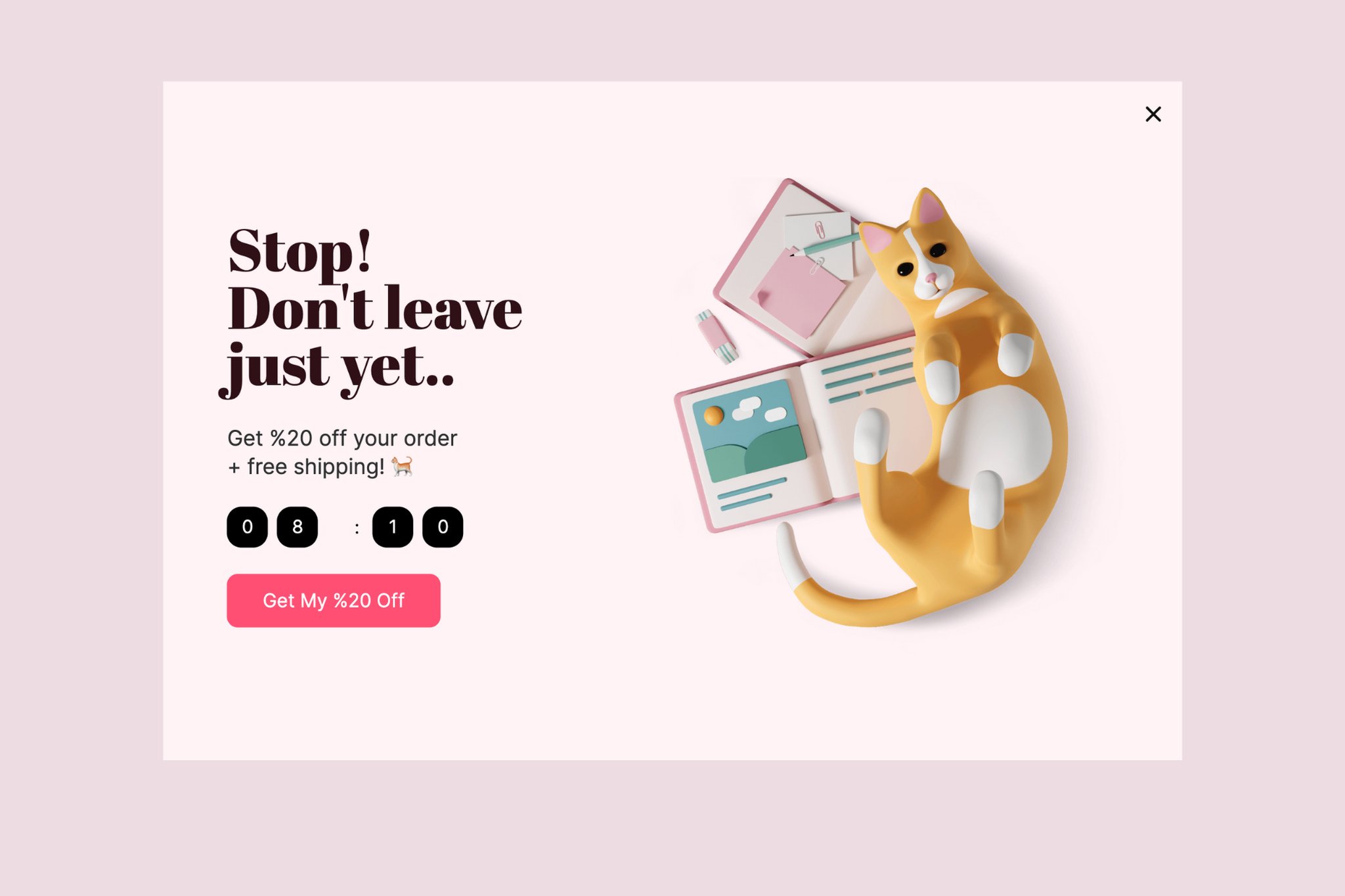 exit-intent popup example with a countdown timer that says "Stop! Don't leave just yet..." with an illustration of a cat