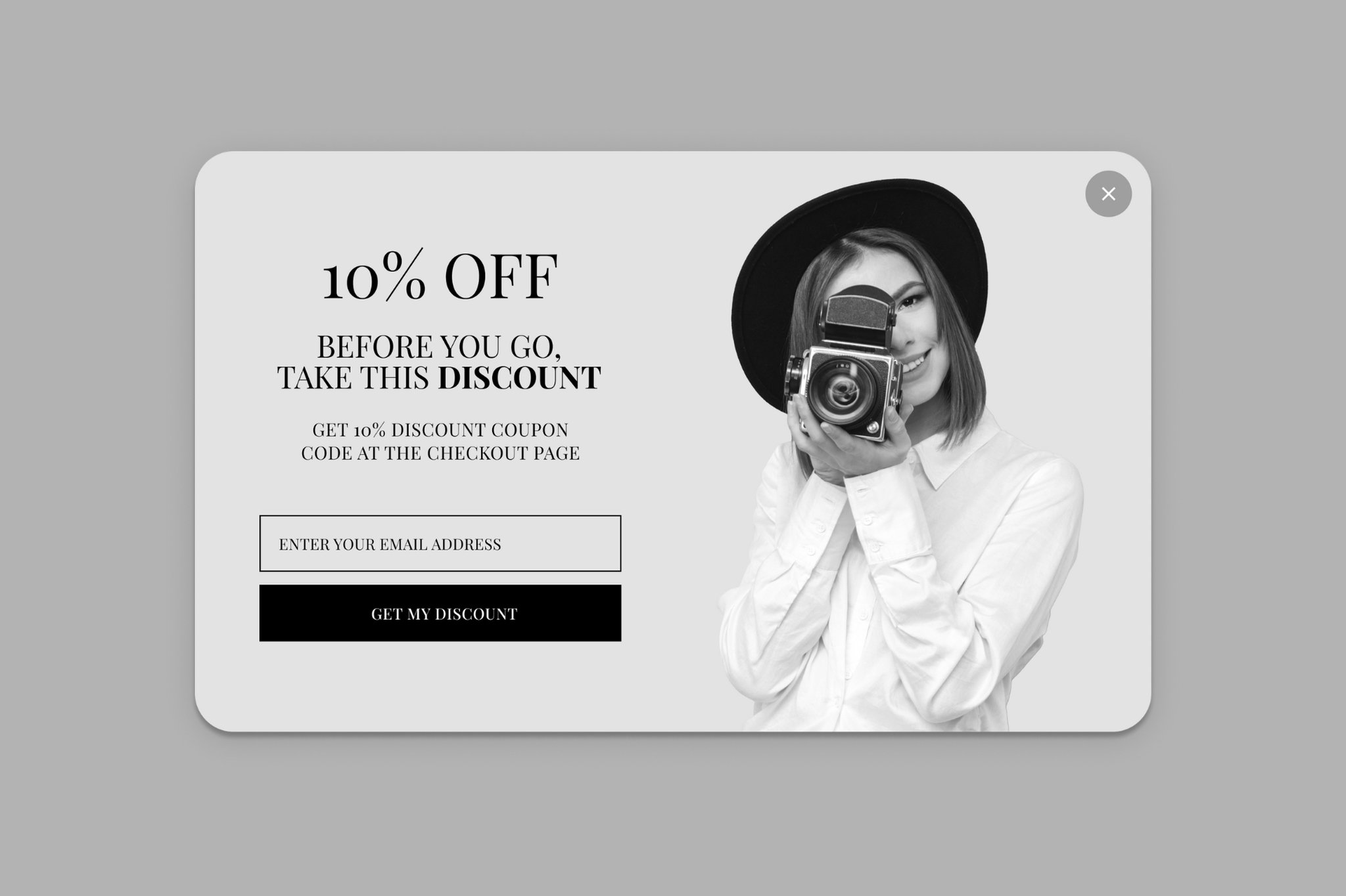 exit-intent popup example to grow email list that says "10% off" and an image of a woman smiling and taking a photo