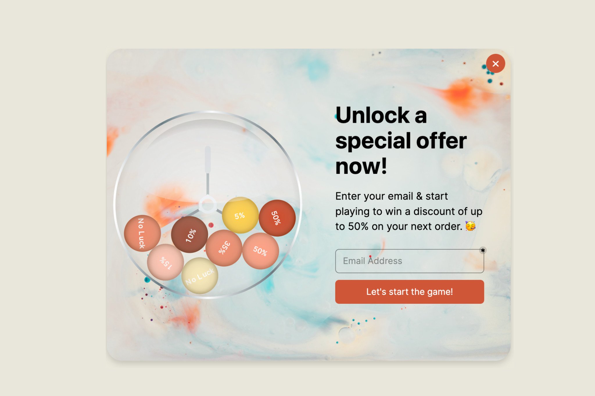 giveaway popup example that says "unlock a special offer now" with a lottery ball element