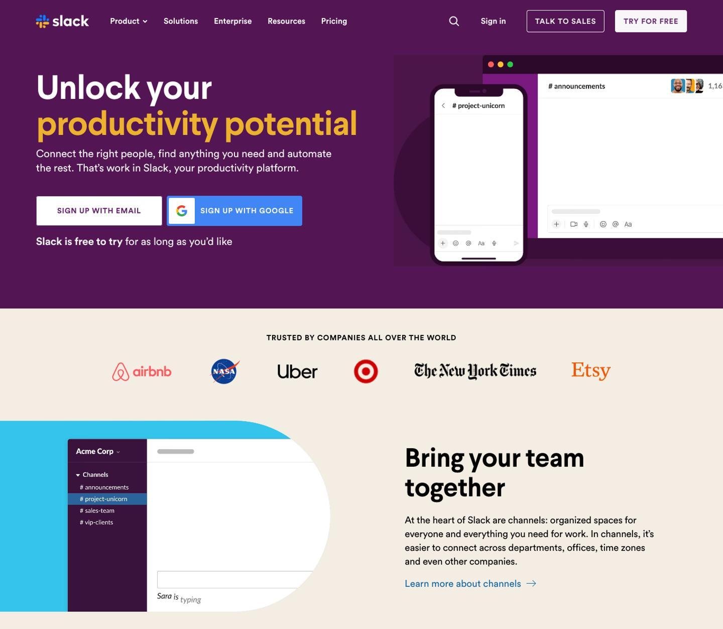 Slack landing page