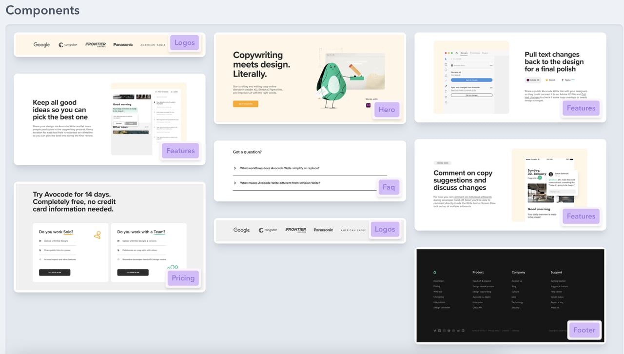 Avocode landing page components