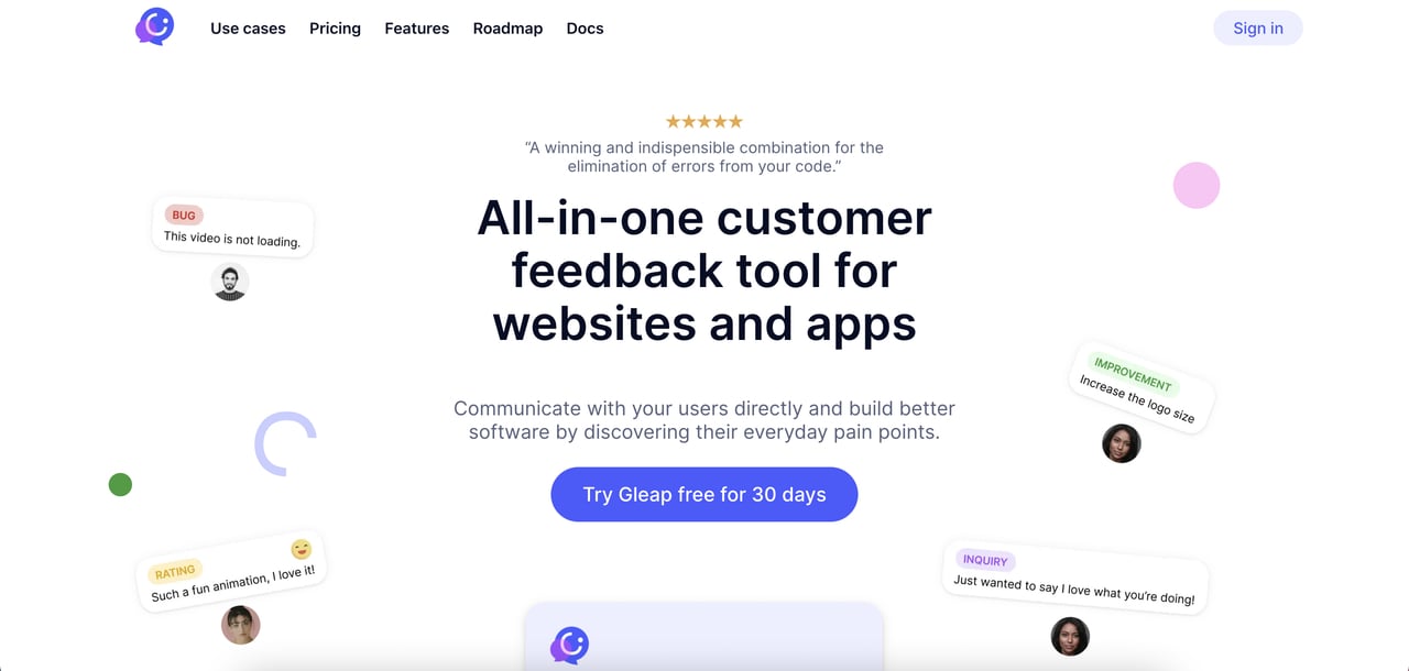 Gleap landing page