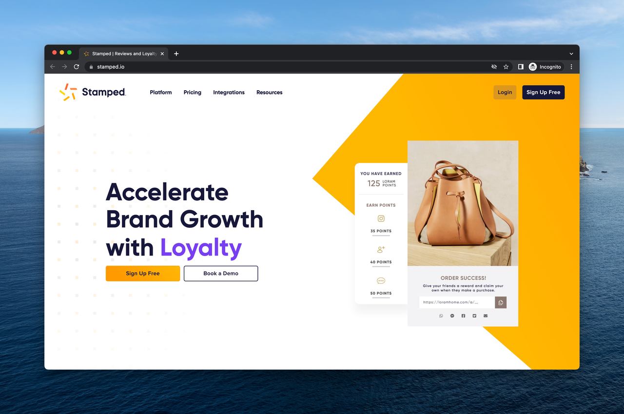 a screenshot of Stamped website as a best Shopify app with a CTA that says"Accelerate Brand Growth with Loyalty