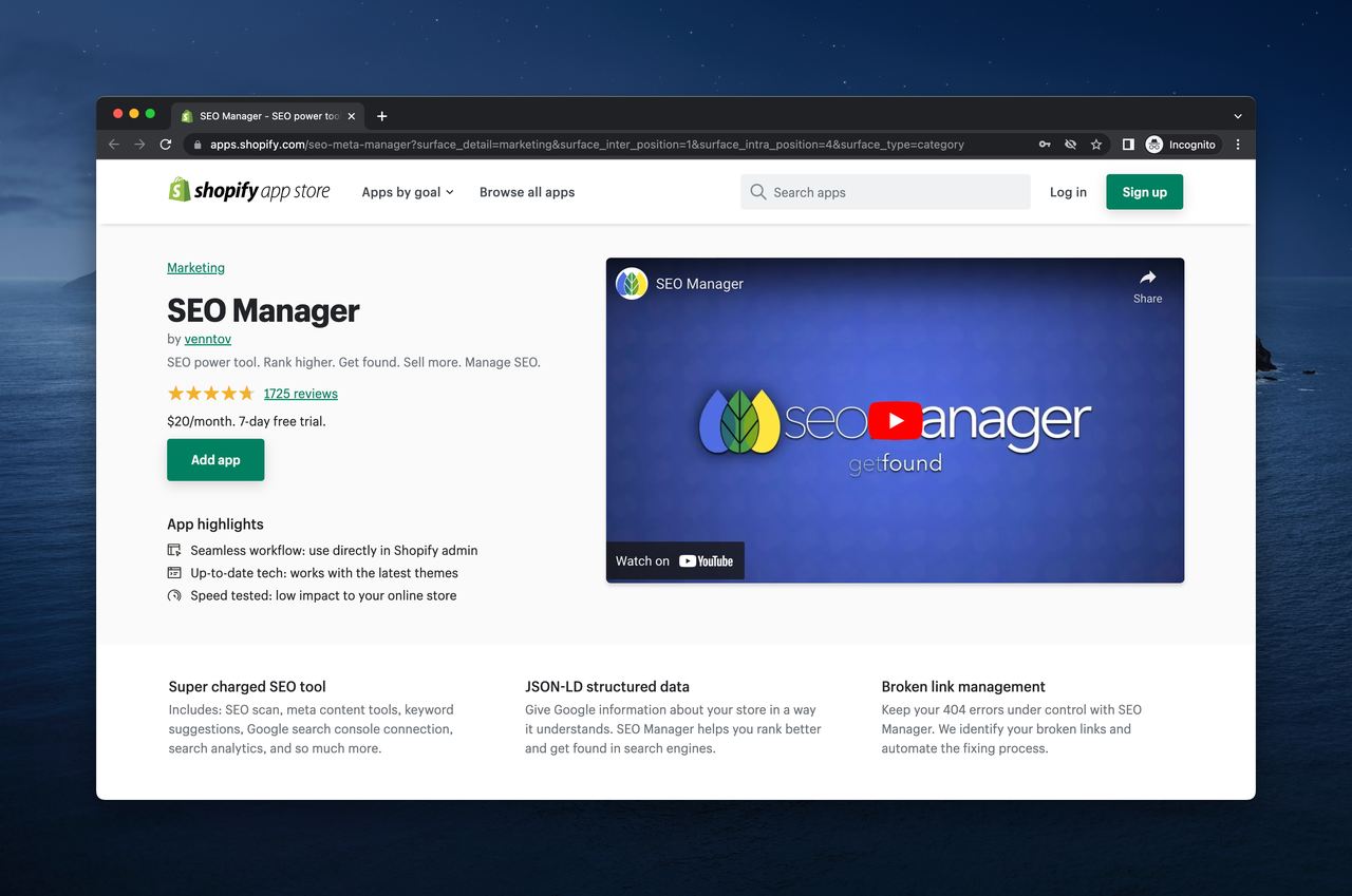 a screenshot of SEO Manager app on Shopify app store