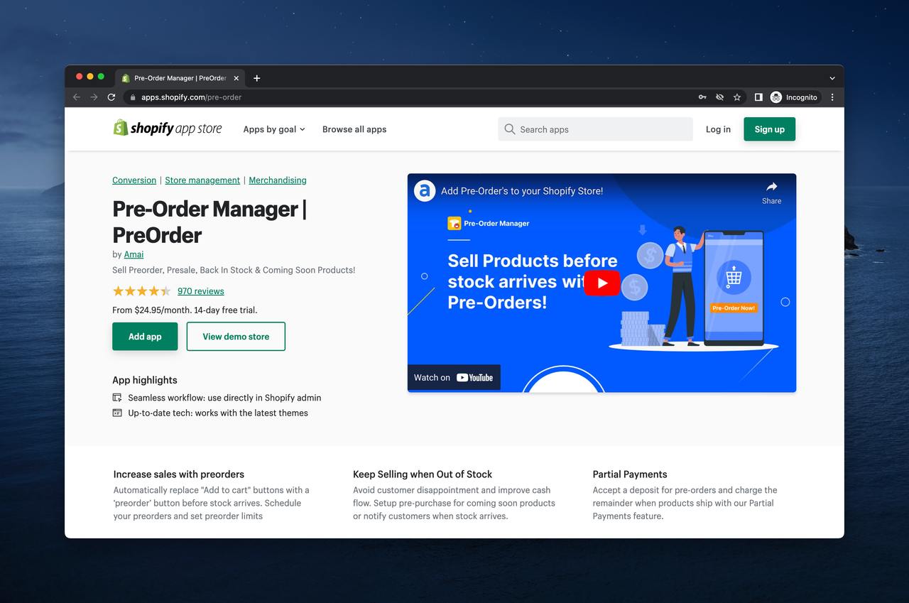 a screenshot of pre order Manager on Shopify app store