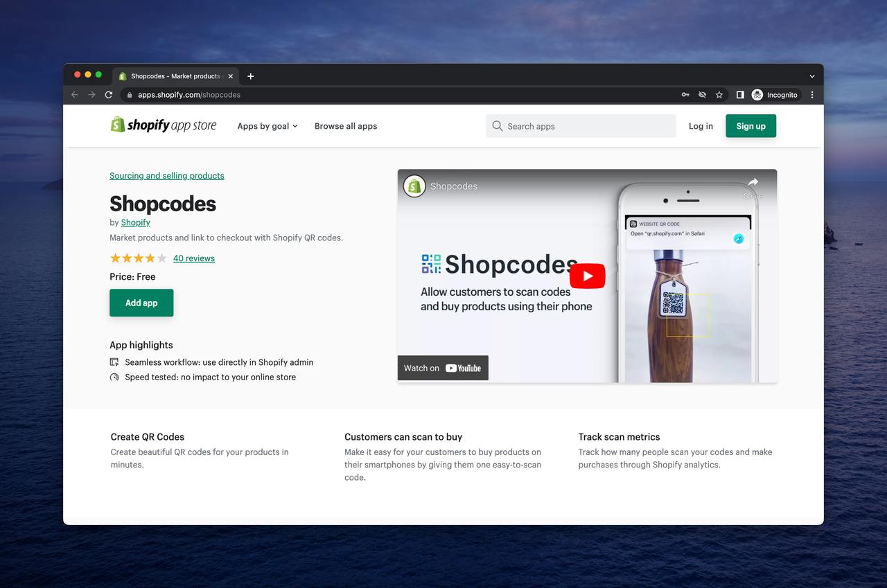 a screenshot of Shopcodes app on Shopify app store