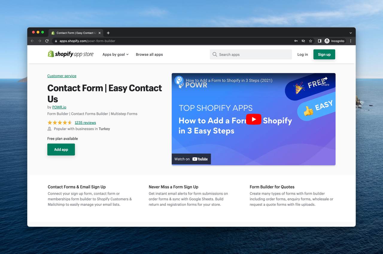 a screenshot of Contact Form by POWR-io on Shopify app store