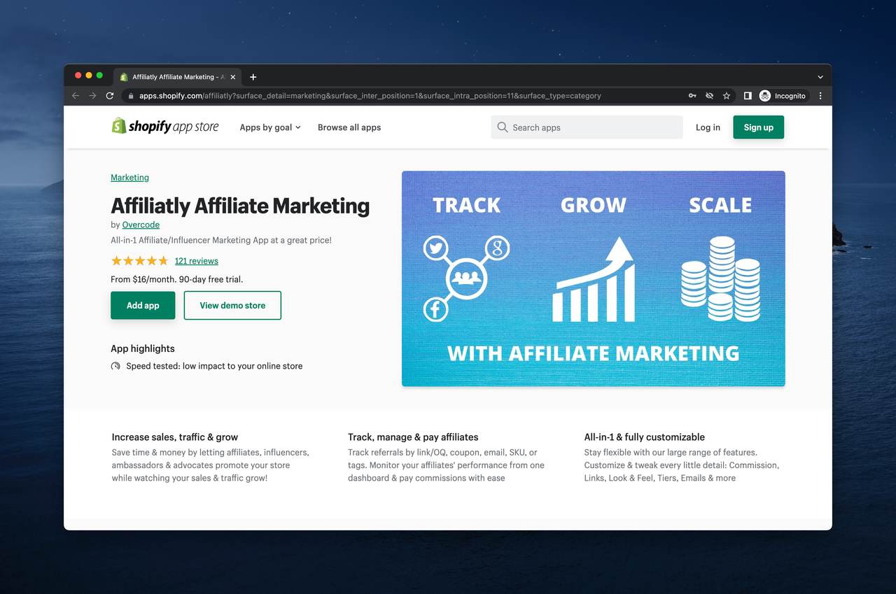 a screenshot of Affiliatly app on Shopify app store