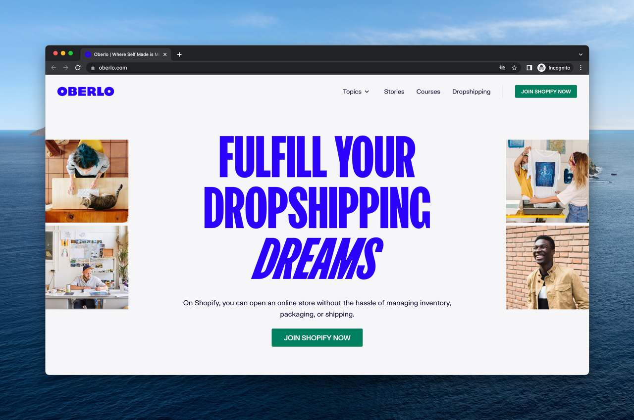 a screenshot of Oberlo app web site with a big CTA that says"FULFILL YOUR DROPSHIPPING DREAMS" as a best Shopify apps