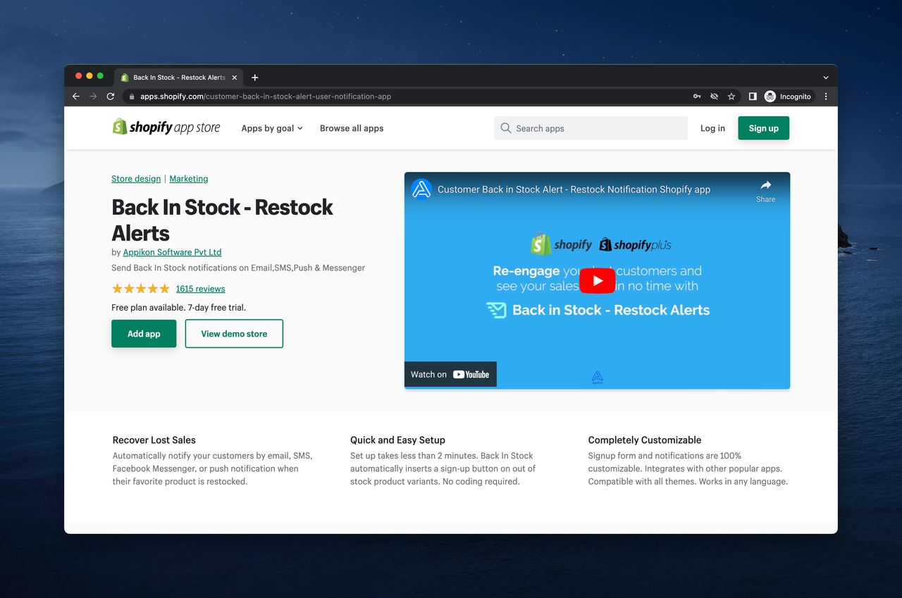 a screenshot of Back-in stock app on Shopify app store