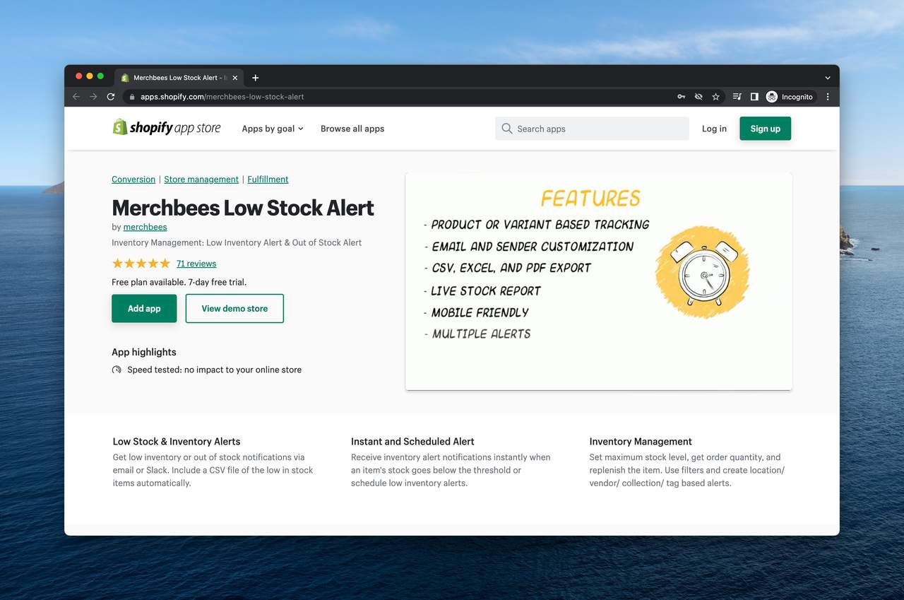 a screenshot of Merchbees low stock on Shopify app store