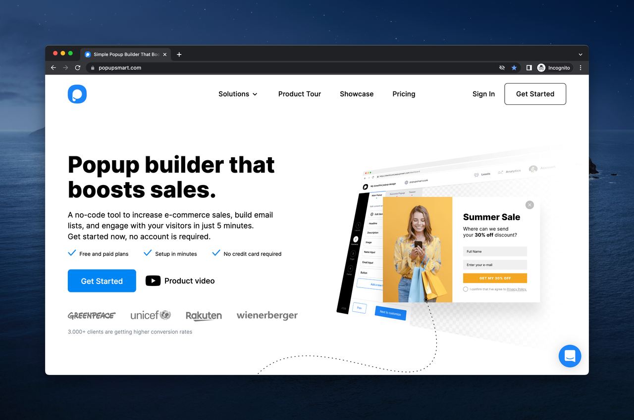 a screenshot of Popupsmart website, popup builder a no code tool to create popups for Shopify stores