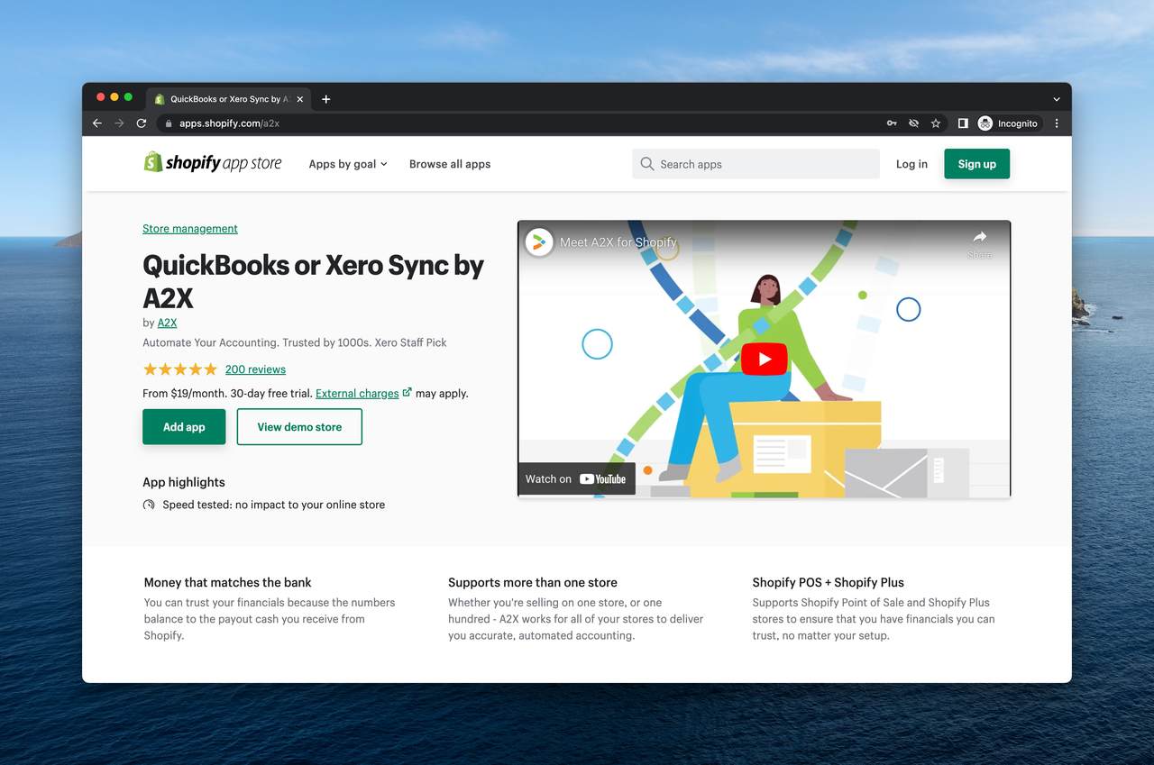 a screenshot of QuickBooks Xero Sync app on Shopify app store