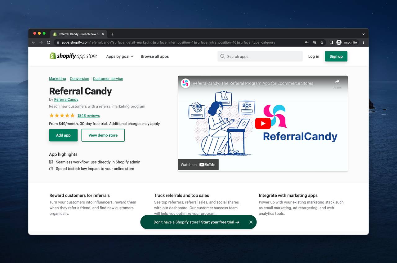 a screenshot of ReferralCandy app on Shopify app store