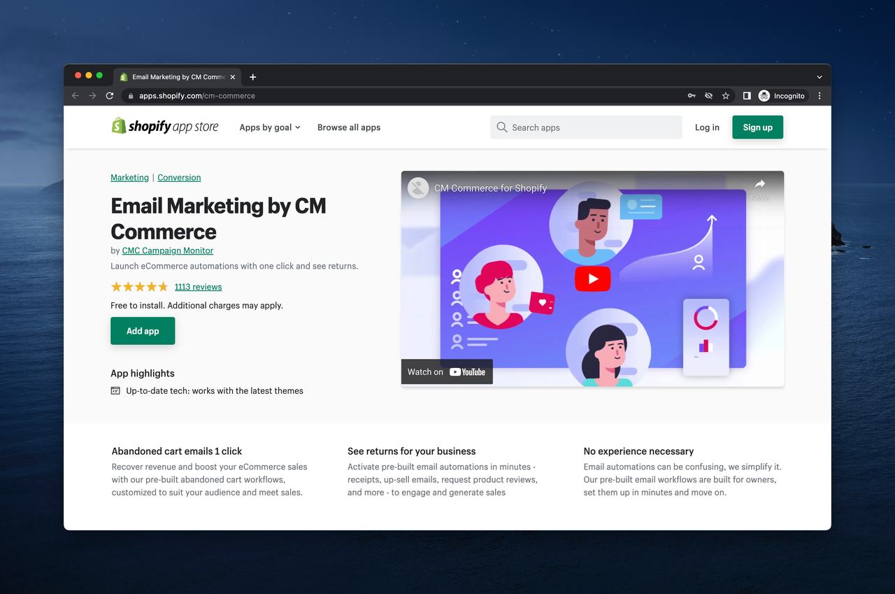 a screenshot of CM Commerce Email Marketing app on Shopify app store