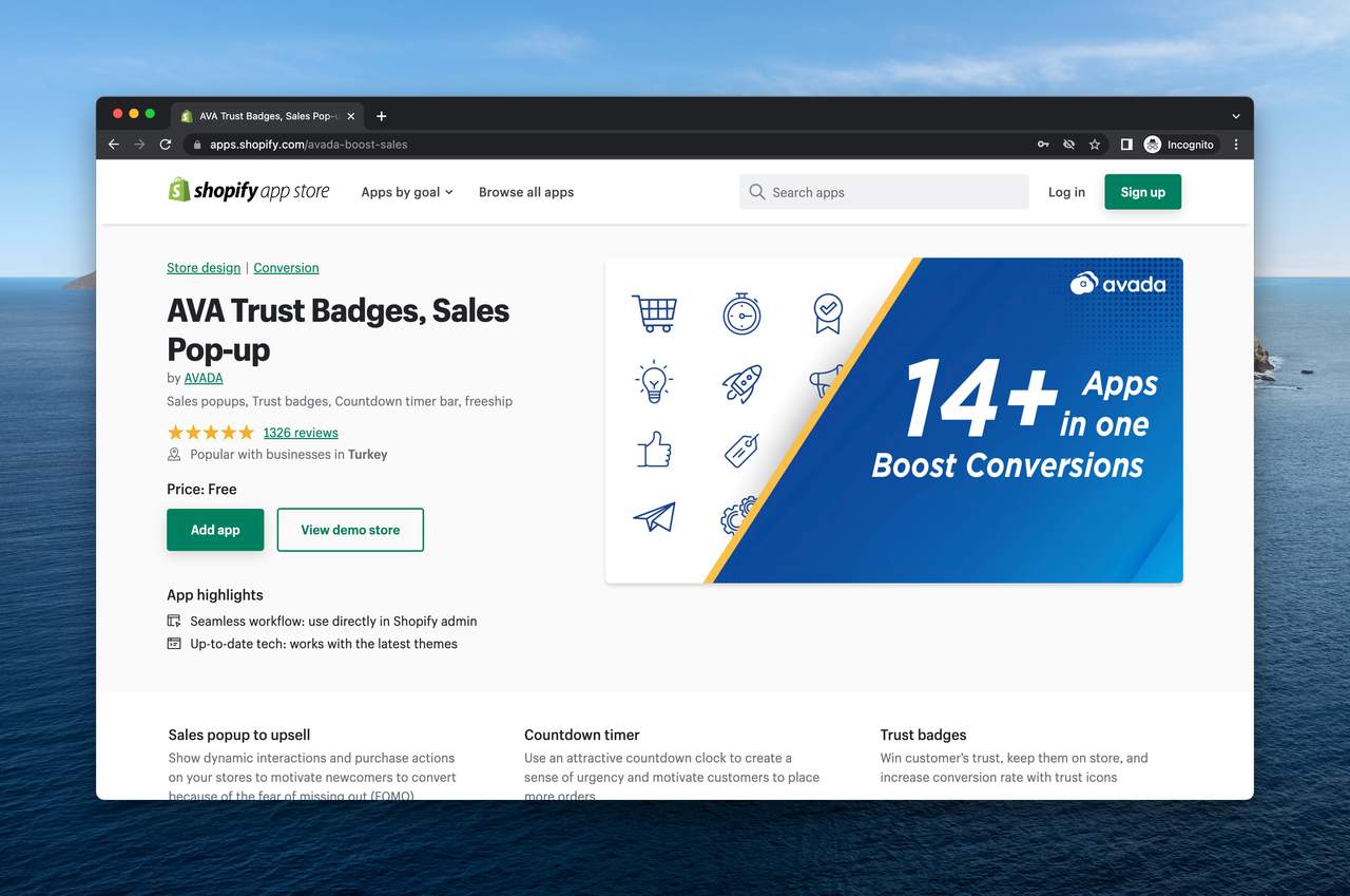 a screenshot of AVA trust badge tool on Shopify app store as one of the best Shopify app to increase sales and conversion