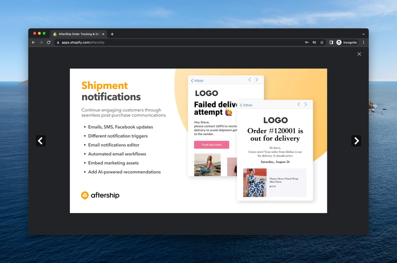 a screenshot of Aftership introduction images on Shopify app store