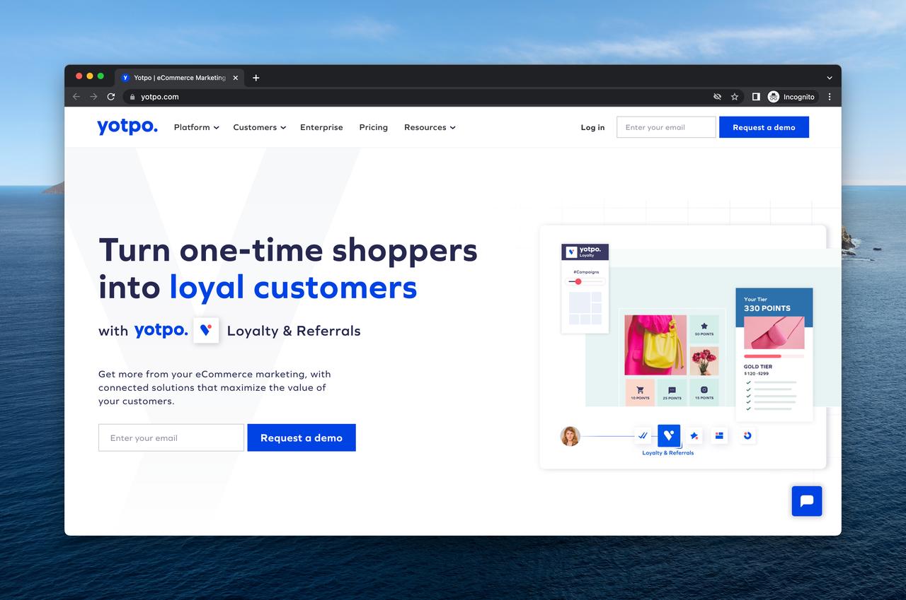 a screenshot of Yotpo website as a best customer content marketing Shopify app with a big title that says"Turn one-time shoppersinto loyal customers"