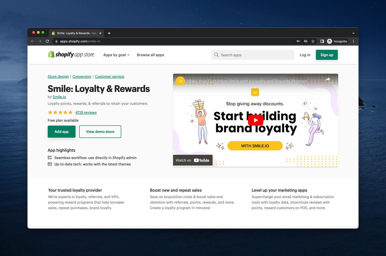 a screenshot of Smile Rewards and Loyalty app on Shopify apps store