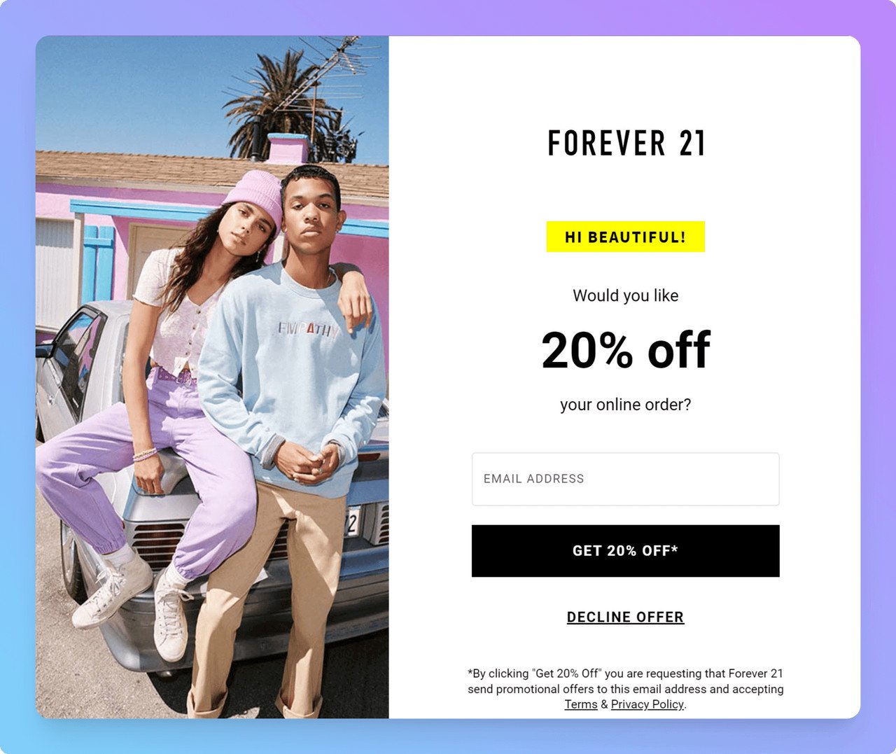 a screenshot of a Forever 21 simple email popup design with 20 percent off and showing two models girl and boy in brand's clothes