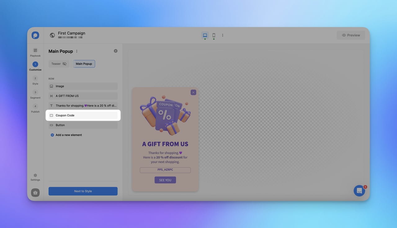 coupon code highlighted popup template on the dashboard