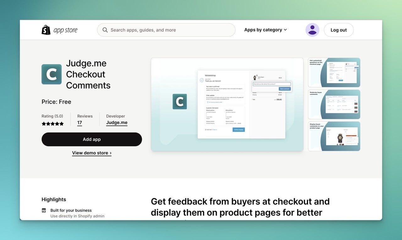 Judge.me Checkout comments product reviews app page on Shopify app store
