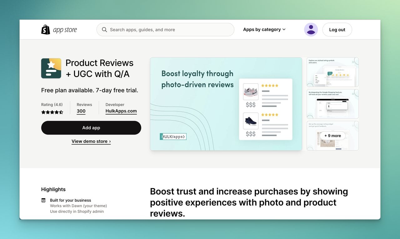 HulkApps product reviews app page on Shopify app store