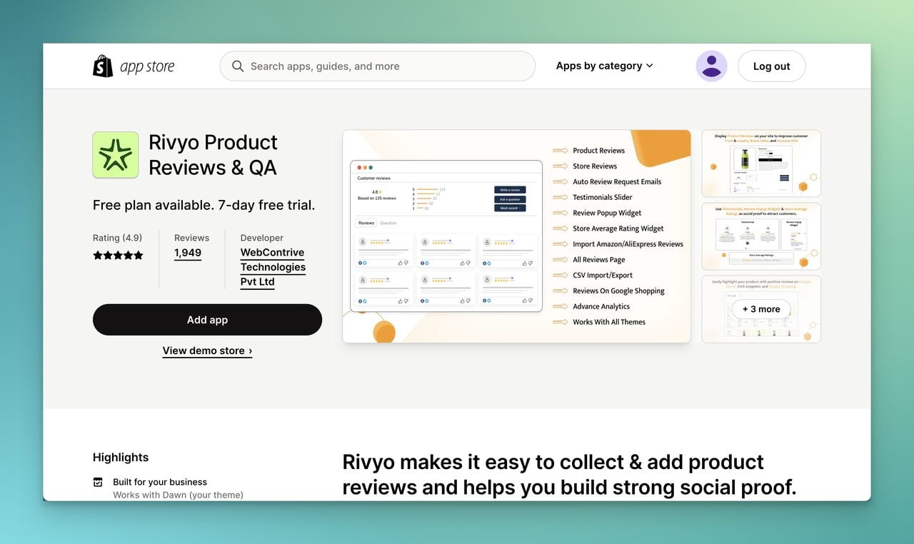 Rivyo product reviews&QA app page on Shopify app store