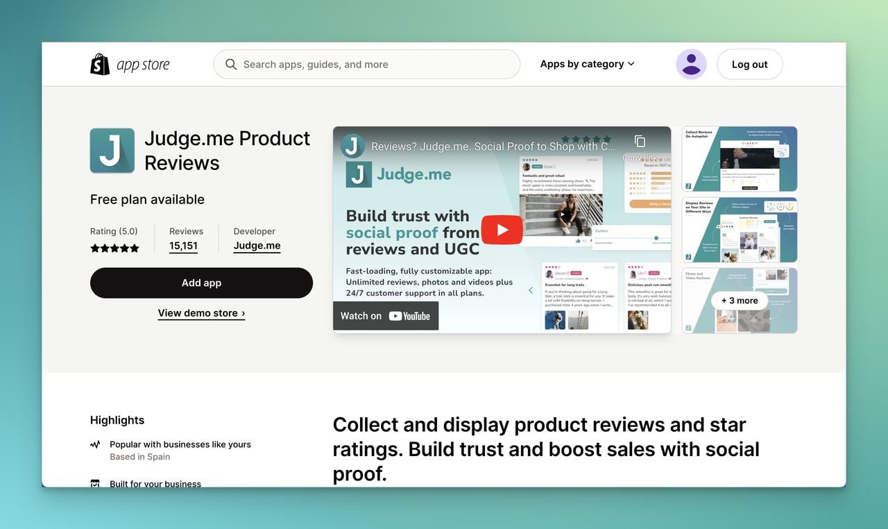 Judge.me Shopify product reviews app page on Shopify app store