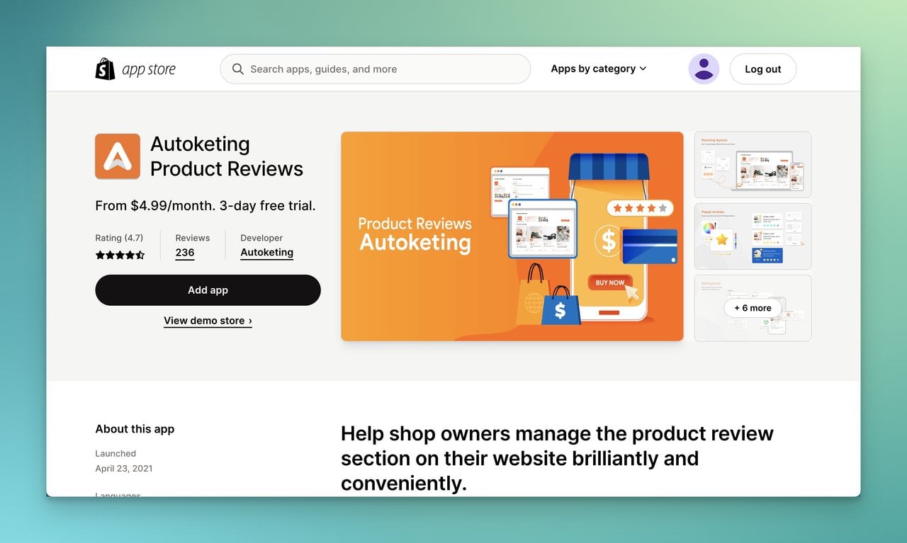 Autoketing product reviews app page on Shopify app store