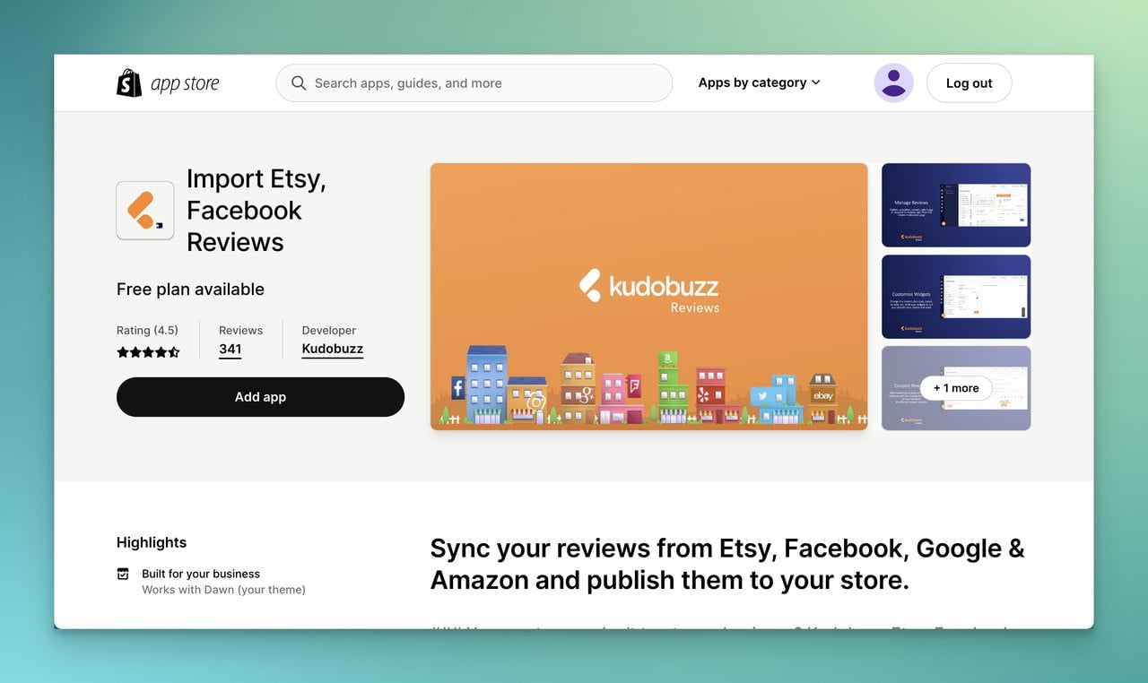 Import Etsy Facebook product reviews app page on Shopify app store