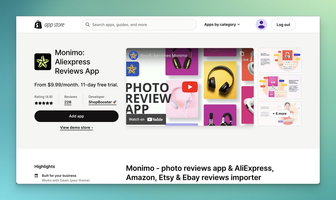 Monimo Aliexpress product reviews app page on Shopify app store