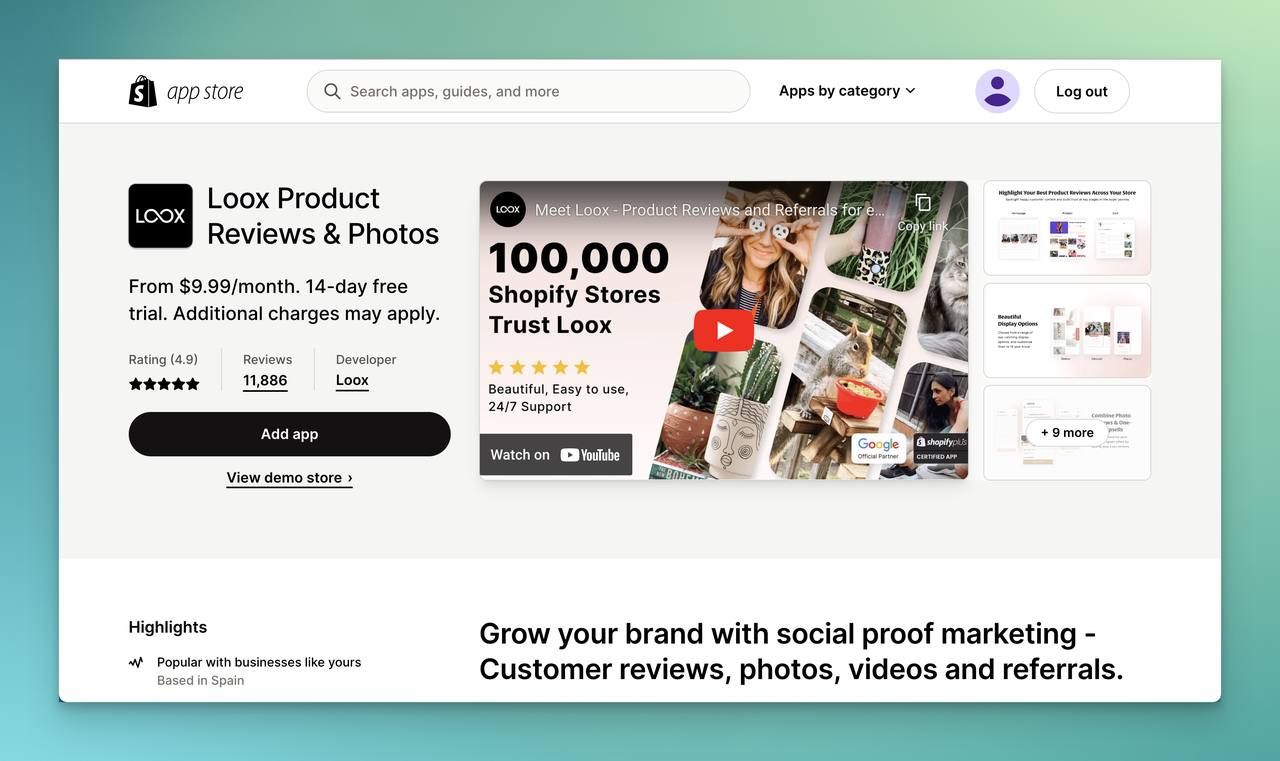 Loox product reviews app page on Shopify app store