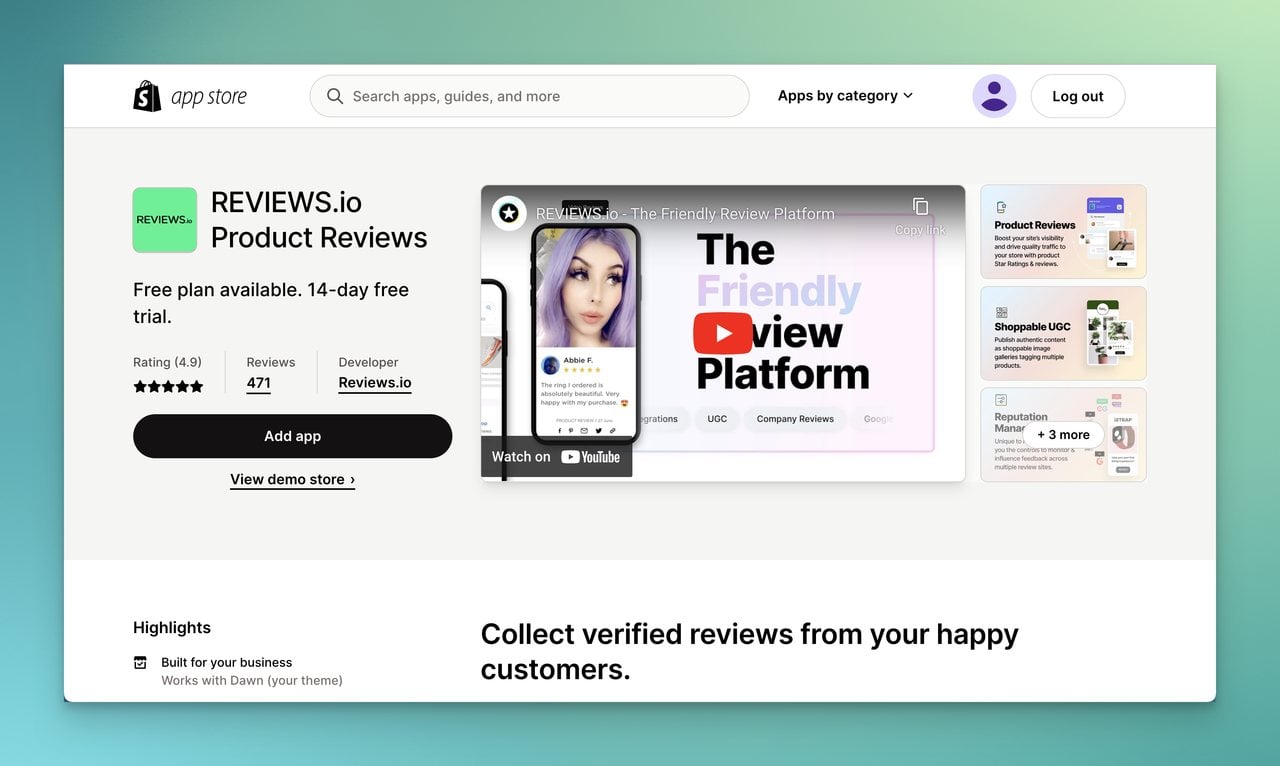 REVIEWSio product reviews app page on Shopify app store