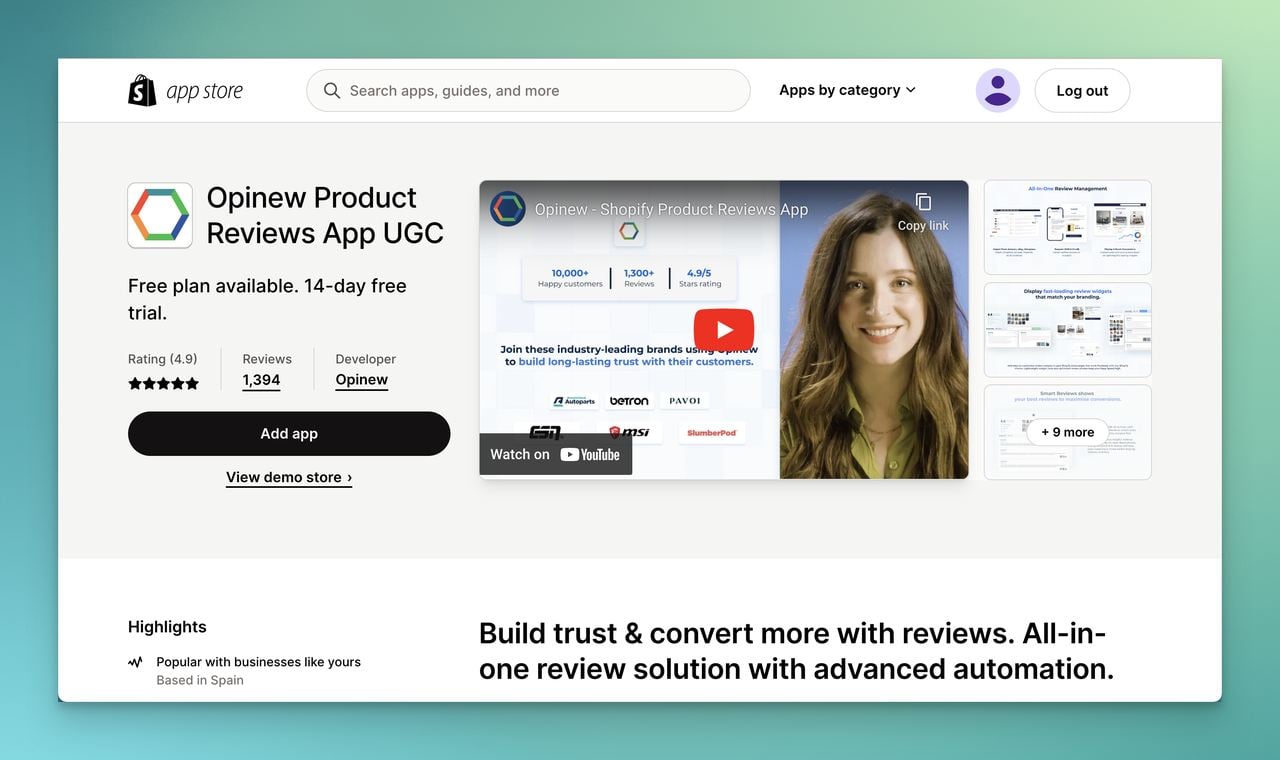 Opinew product reviews app page on Shopify app store