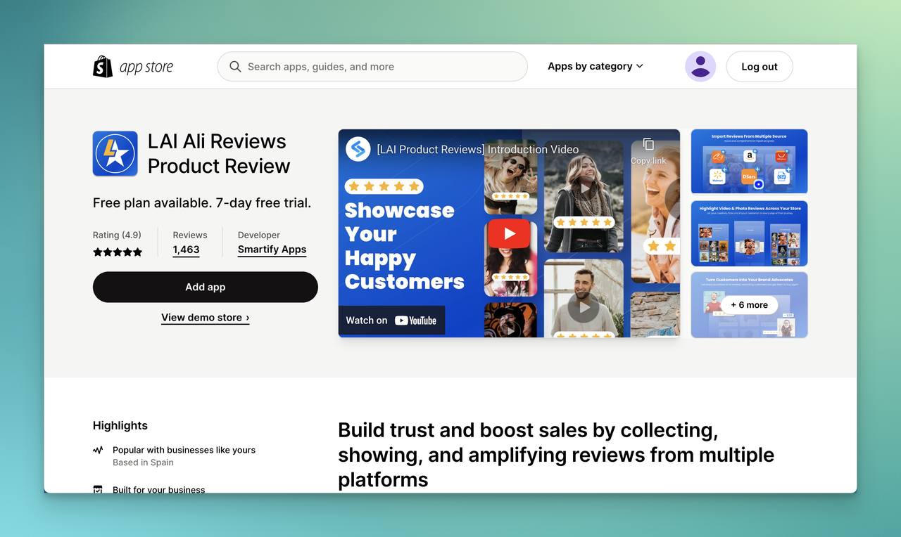 LAI-Ali product reviews app page on Shopify app store