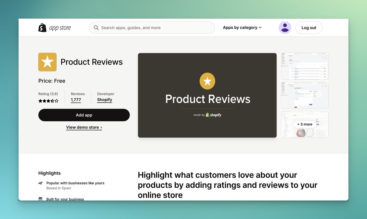 Product Reviews by Shopify  page on Shopify app store