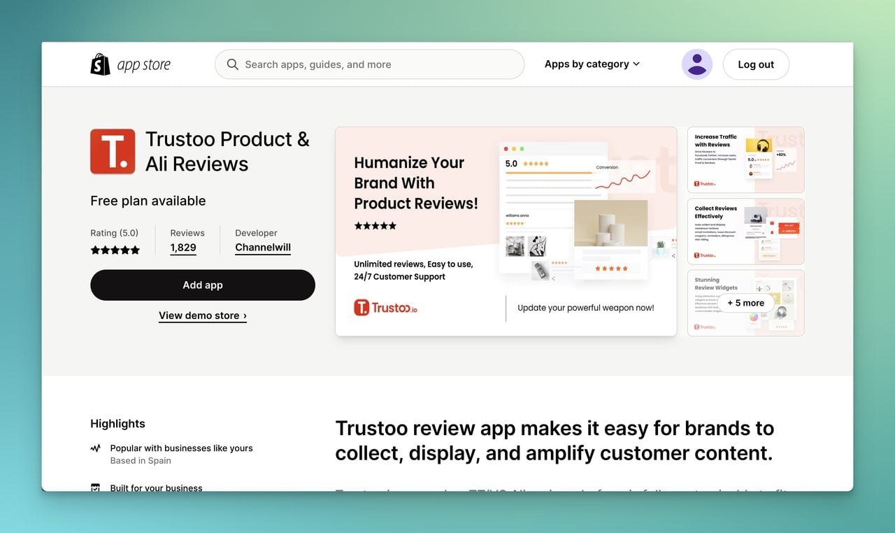 Trustoo product reviews app page on Shopify app store