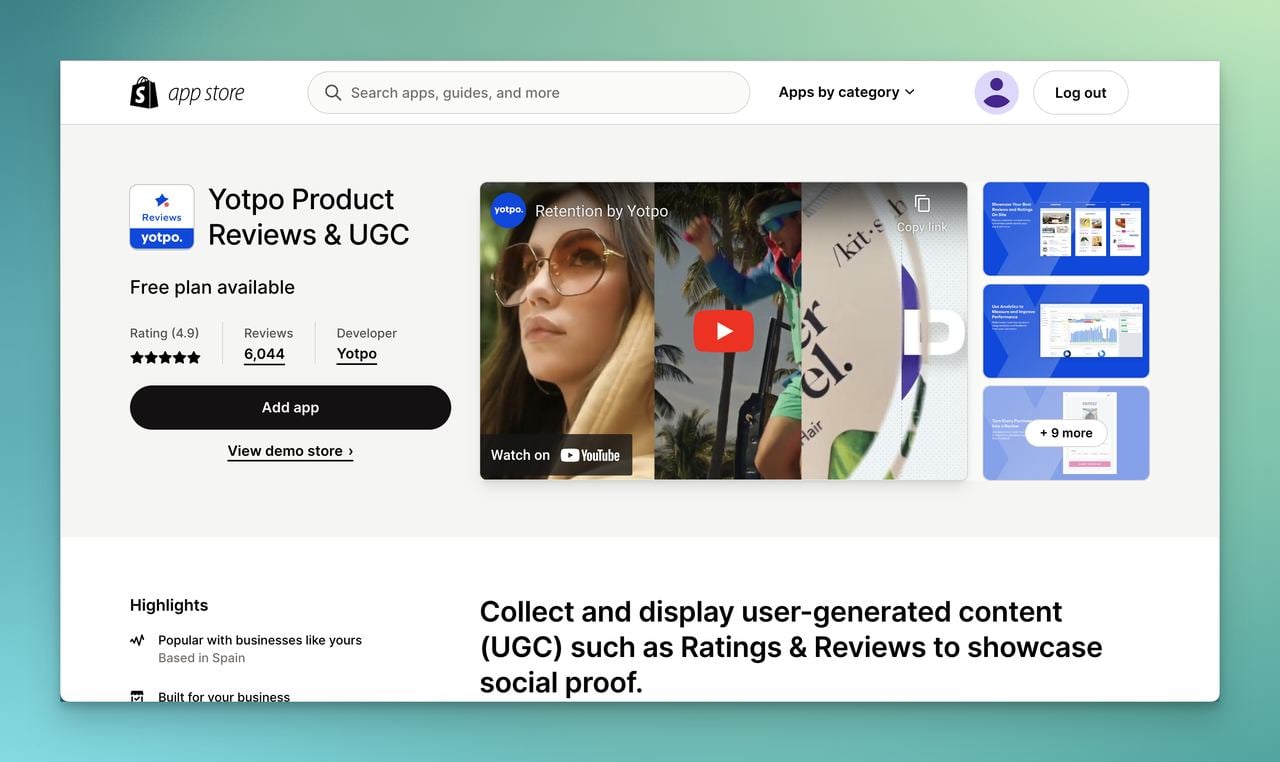 Yotpo product reviews app page on Shopify app store