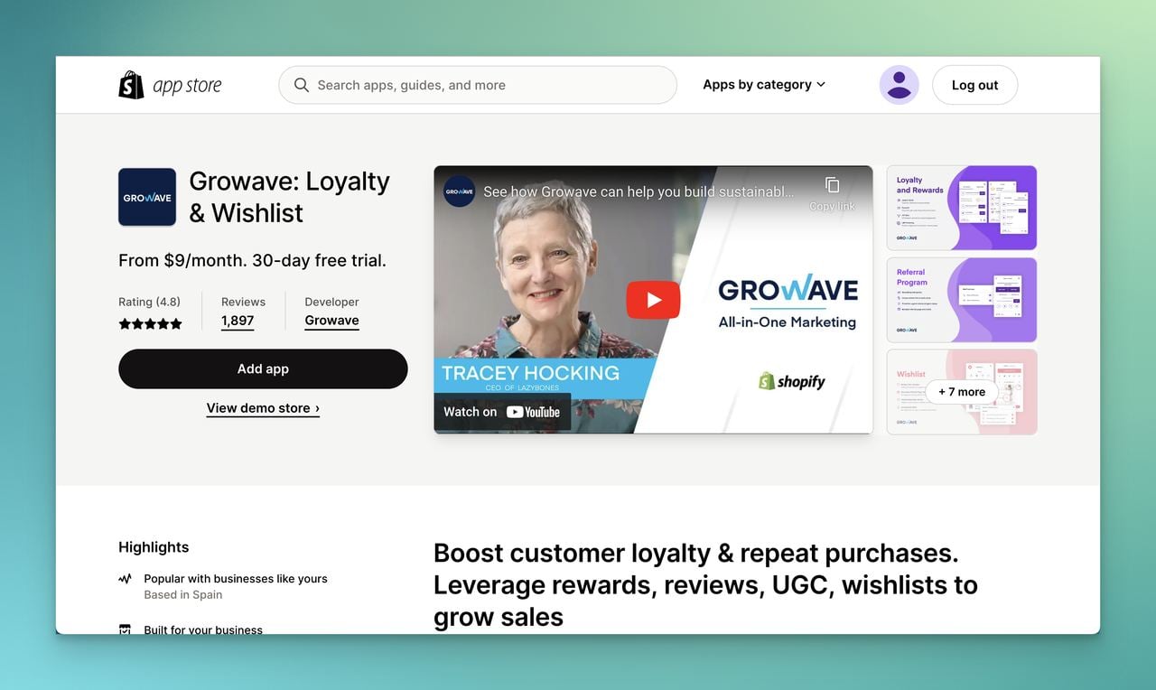 Growave product reviews app page on Shopify app store