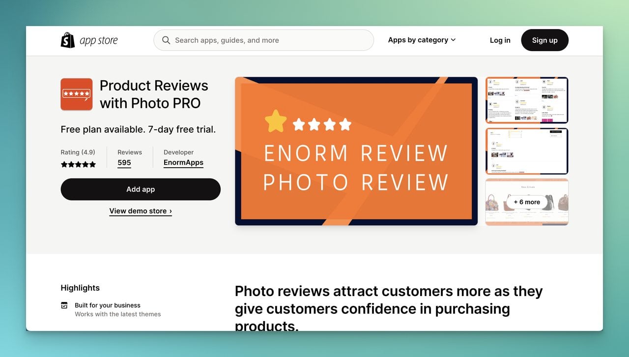 EnormApps product reviews app page on Shopify app store