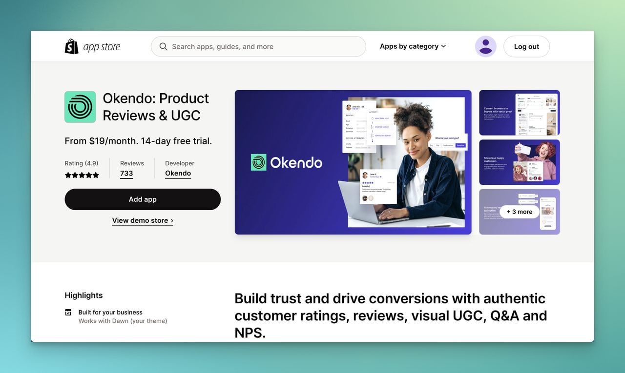 Okendo product reviews app & UGC page on Shopify app store