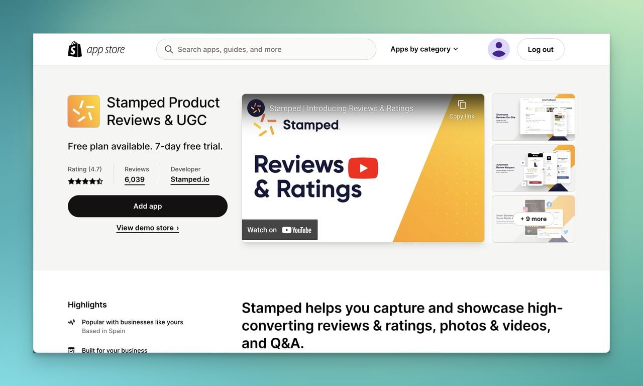 Stamped product reviews app page on Shopify app store