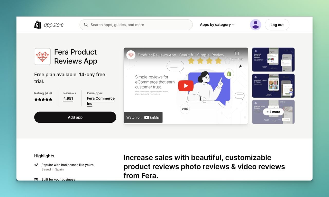 Fera product reviews app page on Shopify app store