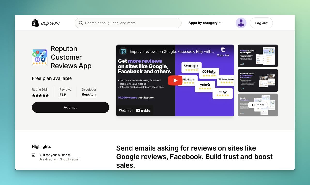 Reputon product reviews app page on Shopify app store