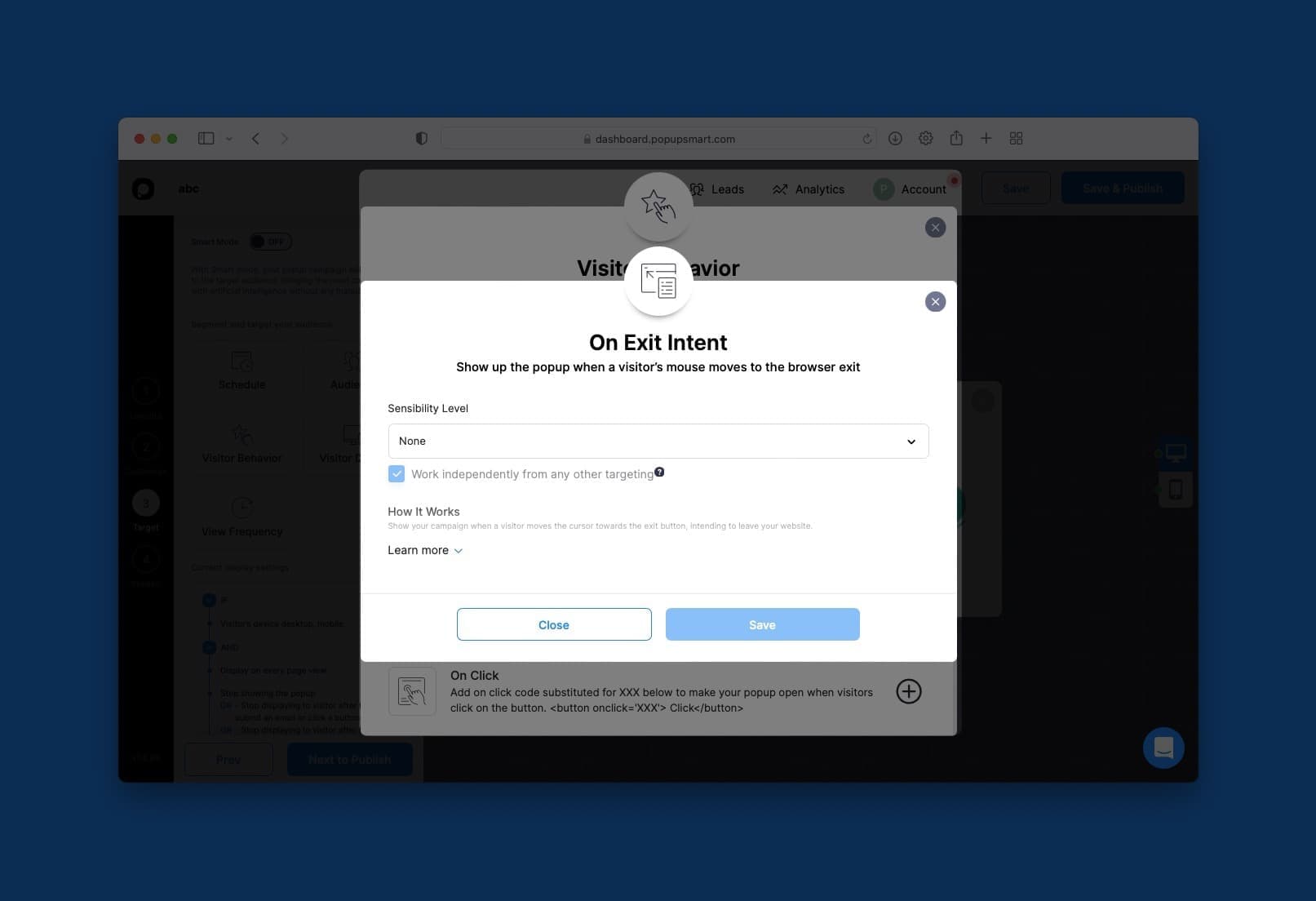 a screenshot of Popupsmart dashboard with an exit-intent choice box