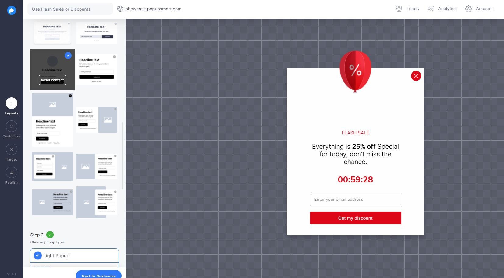 flash sale popup on Popupsmart builder