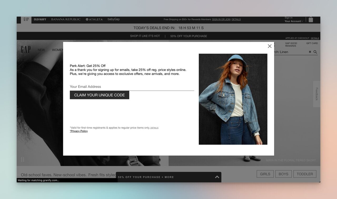 gap splash page popup example