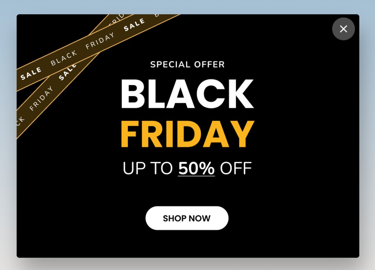 a Black Friday discount popup example with a special offer of 50% discount offer