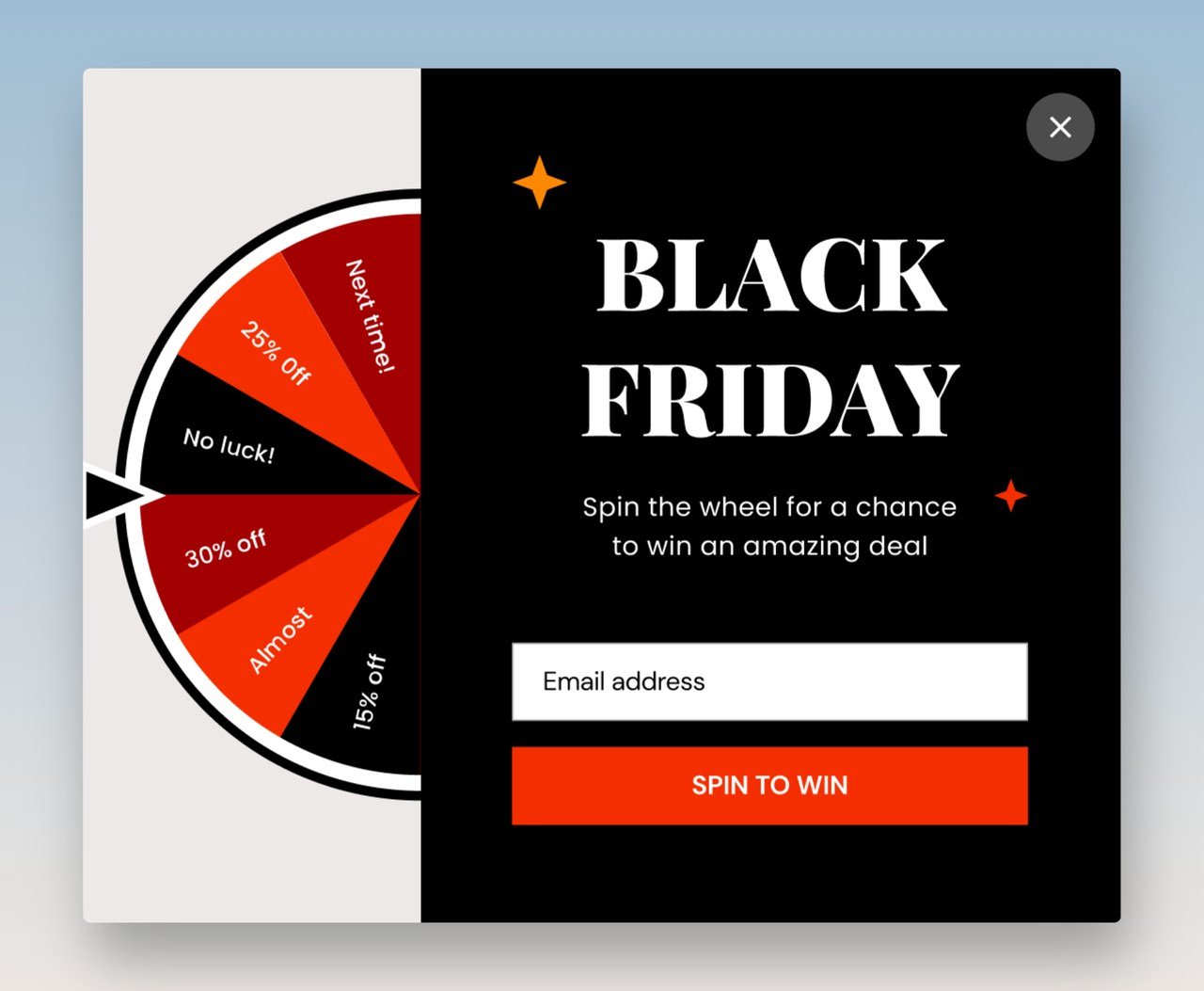 a Spin-to-win popup example using gamification and discount offers to engage users for Black Friday sale